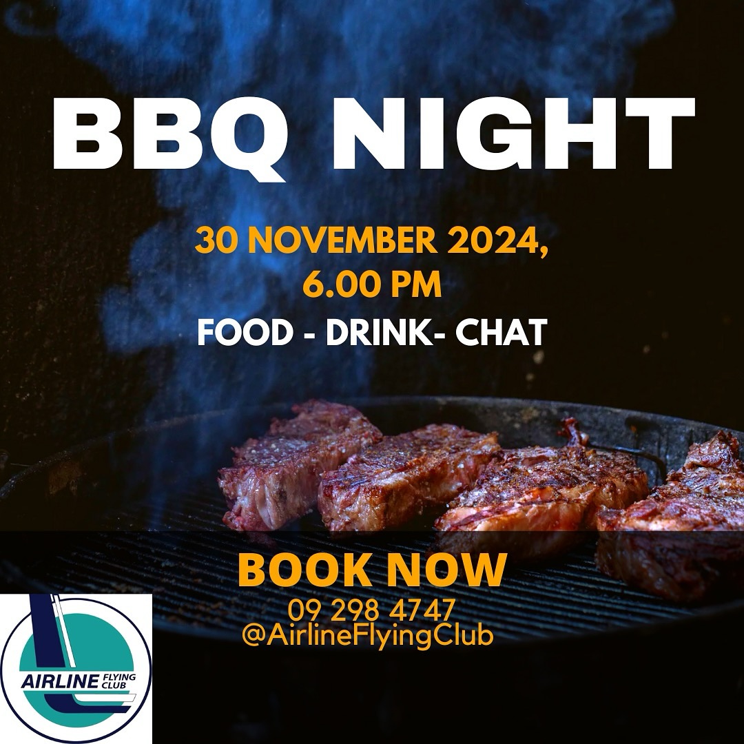 Join us for another exciting Saturday evening event at Airline Flying Club! We’re hosting a BBQ & Burger Night from 6:00 pm on 30th November, and it’s set to be an evening of delicious food and good vibes.
Entry Fee: $15 per person
A huge thank you to Neville and his wife for their continued dedication and hard work in making club events like these a success. Their commitment and enthusiasm bring our club together and make every gathering memorable. Bring your friends, family, and appetite, see you there!